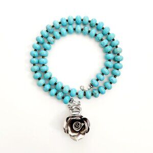 TURQUOISE NECKLACE W/ ROSE PENDANT--16"